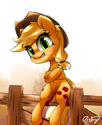 Size: 4062x5000 | Tagged: safe, artist:bloodatius, artist:luxaestas, imported from derpibooru, applejack, earth pony, pony, absurd resolution, belly button, cowboy hat, crossed hooves, female, fence, freckles, grin, gritted teeth, hat, looking at you, mare, signature, sitting, smiling, solo, stetson