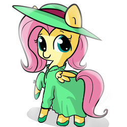 Size: 1280x1280 | Tagged: safe, artist:tjpones, imported from derpibooru, fluttershy, pegasus, pony, butt, clothes, dress, female, hat, looking at you, mare, plot, raised hoof, raised leg, shoes, simple background, smiling, solo, white background