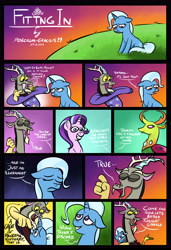 Size: 3900x5700 | Tagged: safe, artist:poecillia-gracilis19, imported from derpibooru, discord, starlight glimmer, thorax, trixie, changedling, changeling, draconequus, pony, unicorn, absurd resolution, comic, dialogue, eyes closed, fangs, female, frown, grass, gritted teeth, heartwarming, hill, king thorax, looking at each other, looking down, looking up, male, mare, open mouth, pointing, reformed four, sad, sitting, smiling, speech bubble, sunset