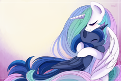 Size: 900x600 | Tagged: safe, artist:exceru-karina, imported from derpibooru, princess celestia, princess luna, alicorn, pony, cute, cutelestia, duo, eyes closed, female, hug, lunabetes, mare, missing accessory, profile, royal sisters, sibling love, siblings, sisterly love, sisters, smiling