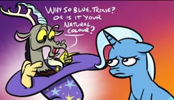 Size: 559x322 | Tagged: safe, artist:poecillia-gracilis19, edit, imported from derpibooru, discord, trixie, pony, unicorn, annoyed, blue, clothes, cropped, cute, dialogue, duo, female, funny, hat, mare, pun, trixie's hat, visual pun