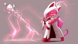 Size: 3840x2160 | Tagged: safe, artist:underpable, imported from derpibooru, oc, oc only, oc:cherry bloom, alicorn, moogle, pony, alicorn oc, cloak, clothes, commission, curved horn, eyes closed, female, final fantasy, glowing horn, magic, mare, simple background, smiling, solo, staff, white mage