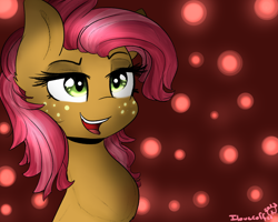 Size: 1280x1024 | Tagged: safe, artist:thegreycheetah11, imported from derpibooru, babs seed, earth pony, pony, female, freckles, open mouth, signature, smiling, solo