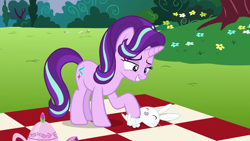 Size: 1920x1080 | Tagged: safe, imported from derpibooru, screencap, angel bunny, starlight glimmer, pony, no second prances, angelbetes, bellyrubs, cute, female, glimmerbetes, grin, lidded eyes, male, on back, open mouth, picnic blanket, smiling, starlight is a bunny fondler, teapot