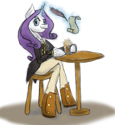 Size: 685x748 | Tagged: safe, artist:kartase, imported from derpibooru, rarity, anthro, unguligrade anthro, the count of monte rainbow, chair, clothes, crossed legs, crossover, feather, female, levitation, magic, mug, pants, pen, rarifort, scroll, sitting, solo, table, telekinesis, the count of monte cristo, villefort