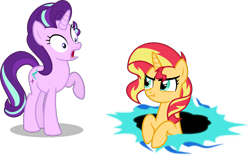 Size: 5000x3094 | Tagged: safe, artist:orin331, imported from derpibooru, starlight glimmer, sunset shimmer, pony, unicorn, absurd resolution, eye contact, female, frown, glare, looking at each other, mare, nose wrinkle, open mouth, portal, raised hoof, scrunchy face, shocked, simple background, surprised, transparent background, unamused, vector, wide eyes