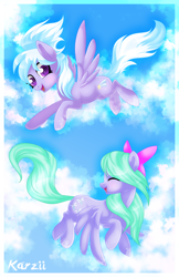 Size: 800x1236 | Tagged: safe, artist:karzii, imported from derpibooru, cloudchaser, flitter, bow, cloud, duo, flying, hair bow