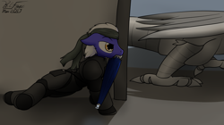 Size: 2281x1278 | Tagged: safe, artist:the-furry-railfan, imported from derpibooru, oc, oc only, oc:static charge, dragon, robot, fallout equestria, fallout equestria: empty quiver, bandana, metal gear solid, mouth hold, sneaking, stealth suit, taser, umbrella