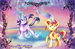 Size: 1024x663 | Tagged: safe, artist:animechristy, imported from derpibooru, part of a set, starlight glimmer, sunset shimmer, pony, unicorn, cute, female, hibiscus, magic, scenery, seasons, signature, sparkles, summer, water