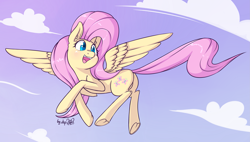 Size: 3595x2035 | Tagged: safe, artist:dsp2003, imported from derpibooru, fluttershy, pegasus, pony, cloud, cute, featureless crotch, female, flying, frog (hoof), heart eyes, open mouth, shyabetes, solo, underhoof, wingding eyes