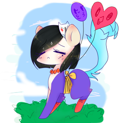 Size: 1602x1646 | Tagged: safe, artist:windymils, imported from derpibooru, oc, oc only, earth pony, pony, balloon, blushing, cloud, commission, eyes closed, female, grass, mare, mask, sky, solo