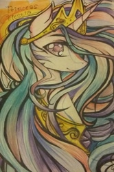 Size: 795x1195 | Tagged: safe, artist:cyands204, edit, imported from derpibooru, princess celestia, alicorn, pony, bust, crown, female, jewelry, looking at you, mare, peytral, regalia, solo, sun, traditional art