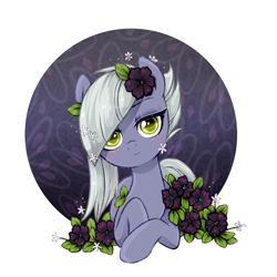 Size: 900x900 | Tagged: safe, artist:jumblehorse, deleted from derpibooru, imported from derpibooru, limestone pie, earth pony, pony, blushing, female, flower, flower in hair, looking at you, mare, smiling, solo, when she smiles