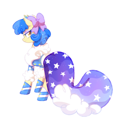 Size: 900x900 | Tagged: safe, artist:jumblehorse, deleted from derpibooru, imported from derpibooru, sapphire shores, earth pony, pony, bow, clothes, dress, female, hair bow, looking back, mare, solo