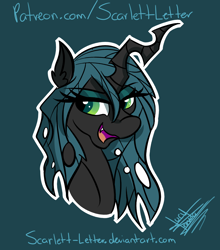 Size: 1984x2258 | Tagged: safe, artist:scarlett-letter, imported from derpibooru, queen chrysalis, changeling, changeling queen, bust, female, open mouth, portrait, simple background, smiling, solo