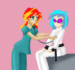 Size: 1222x1151 | Tagged: safe, artist:tigerssunshyn, imported from derpibooru, dj pon-3, sunset shimmer, vinyl scratch, equestria girls, clothes, examination, gi, human coloration, listening, scrubs (gear), sitting, smiling, stethoscope