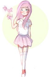 Size: 2000x2777 | Tagged: safe, artist:mavis-corona, imported from derpibooru, fluttershy, butterfly, human, blushing, cat socks, clothes, converse, cute, female, flower, flower in hair, humanized, shirt, shoes, skirt, sneakers, socks, solo, thigh highs