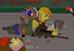 Size: 1280x886 | Tagged: safe, artist:aurumluxetal, imported from derpibooru, oc, oc only, oc:night letter, oc:obsolete tech, pegasus, pony, fallout equestria, gun, rifle, shotgun, sniper, sparkle cola, story, story included, toaster, weapon