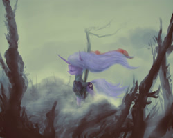 Size: 3000x2400 | Tagged: safe, artist:plotcore, imported from derpibooru, princess luna, armor, clothes, dead tree, eyes closed, female, flowy mane, fog, profile, solo, tree, windswept mane