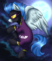 Size: 1020x1200 | Tagged: safe, artist:not-ordinary-pony, imported from derpibooru, nightshade, clothes, cloud, costume, crepuscular rays, female, flying, moon, moonlight, shadowbolts costume, solo