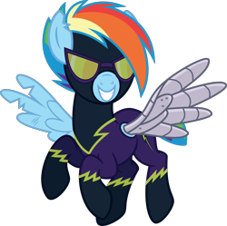 Size: 5626x5607 | Tagged: safe, artist:osipush, imported from derpibooru, rainbow dash, pegasus, pony, absurd resolution, alternate timeline, alternate universe, amputee, apocalypse dash, augmented, clothes, costume, crystal war timeline, evil, evil grin, female, goggles, grin, prosthetic limb, prosthetic wing, prosthetics, shadowbolt dash, shadowbolts costume, simple background, smiling, solo, torn ear, transparent background