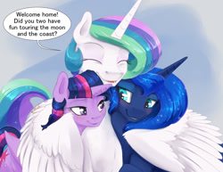 Size: 3300x2550 | Tagged: safe, artist:silfoe, imported from derpibooru, princess celestia, princess luna, twilight sparkle, alicorn, pony, royal sketchbook, bedroom eyes, cute, cutelestia, dialogue, female, hug, lesbian, lunabetes, shipping, speech bubble, trio, twiabetes, twilight sparkle (alicorn), twiluna, winghug