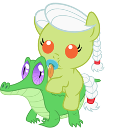 Size: 886x967 | Tagged: safe, artist:red4567, imported from derpibooru, granny smith, gummy, pony, adorasmith, baby, baby pony, cute, granny smith riding gummy, pacifier, ponies riding gators, riding, young granny smith