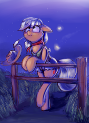 Size: 1537x2116 | Tagged: safe, artist:emberkaese, imported from derpibooru, applejack, earth pony, firefly (insect), pony, bandana, bipedal, bipedal leaning, clothes, cute, daisy dukes, female, fence, floppy ears, jackabetes, leaning, looking up, mare, neckerchief, night, shorts, solo, stars, straw