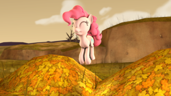 Size: 1920x1080 | Tagged: safe, artist:barpy, imported from derpibooru, pinkie pie, earth pony, pony, 3d, ^^, autumn, cute, energy, eyes closed, female, flying, grin, happy, jumping, raised tail, smiling, solo, source filmmaker, tail