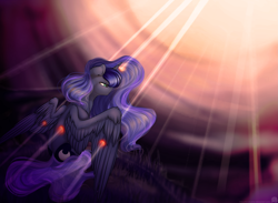 Size: 2283x1669 | Tagged: safe, artist:11-shadow, imported from derpibooru, princess luna, alicorn, pony, crepuscular rays, female, frown, grass, sitting, solo, spread wings, sunlight, wings