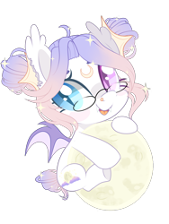 Size: 1878x2500 | Tagged: safe, artist:peachesandcreamated, imported from derpibooru, oc, oc only, oc:moonaroon, bat pony, pony, chibi, female, glasses, heterochromia, mare, moon, simple background, solo, tangible heavenly object, transparent background