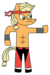 Size: 1260x1864 | Tagged: safe, artist:daemonbombinc, artist:thecrucifieddevil, imported from derpibooru, applejack, clothes, female, headband, liu kang, mortal kombat, simple background, solo, standing