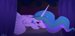 Size: 1280x626 | Tagged: safe, artist:verawitch, deleted from derpibooru, imported from derpibooru, princess celestia, alicorn, pony, bed, female, floppy ears, hair over one eye, mare, pillow, prone, solo, spread wings, wings