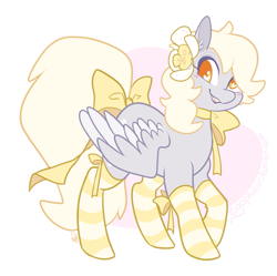 Size: 733x730 | Tagged: safe, artist:egophiliac, imported from derpibooru, derpy hooves, pegasus, pony, abstract background, alternate hairstyle, bow, clothes, colored pupils, cute, female, flower, flower in hair, heart eyes, raised hoof, ribbon, smiling, socks, solo, striped socks, tail bow, wingding eyes