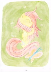 Size: 4952x7016 | Tagged: safe, artist:zeronfly, imported from derpibooru, fluttershy, butterfly, absurd resolution, eyes closed, female, folded wings, grass, lying down, on side, profile, side, smiling, solo, traditional art, watercolor painting