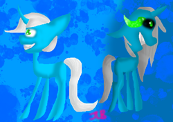 Size: 660x466 | Tagged: safe, artist:lavenderheart, imported from derpibooru, oc, oc only, oc:blueheart, oc:darkblue, pony, unicorn, 2 sides, grin, smiling