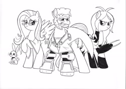 Size: 2408x1700 | Tagged: safe, artist:jmkplover, imported from derpibooru, angel bunny, fluttershy, pony, crossover, laura kinney, monochrome, old man logan, older, ponified, traditional art, wolverine, x-23