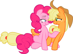 Size: 1619x1200 | Tagged: safe, artist:storfulsten, imported from derpibooru, applejack, pinkie pie, pony, applepie, eye contact, female, lesbian, lidded eyes, looking at each other, shipping, simple background, transparent background