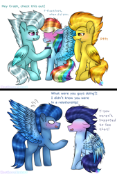 Size: 1024x1514 | Tagged: safe, artist:northlights8, imported from derpibooru, fleetfoot, rainbow dash, soarin', spitfire, wave chill, pony, blushing, cellphone, female, male, phone, shipper on deck, shipping, smartphone, soarindash, straight, wonderbolts