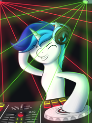 Size: 1280x1707 | Tagged: safe, artist:auro-ria, imported from derpibooru, dj pon-3, vinyl scratch, oc, oc:offlineruins, pony, unicorn, commission, djing, glow, glowing, headphones, laser, male, smiling, solo, stallion, turntable