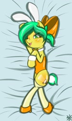 Size: 692x1153 | Tagged: safe, artist:auro-ria, imported from derpibooru, oc, oc only, oc:sun drop, pony, bed, bedsheets, body pillow, body pillow design, bow, bowtie, bunny ears, clothes, high heels, playboy, playboy bunny, shiny, socks, solo, thigh highs, tongue out