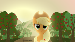 Size: 5692x3200 | Tagged: safe, artist:gutovi, imported from derpibooru, applejack, absurd resolution, apple tree, sunrise, sweet apple acres, tree, wallpaper