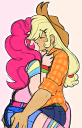 Size: 639x1000 | Tagged: safe, artist:storfulsten, imported from derpibooru, applejack, pinkie pie, human, applepie, eyes closed, female, hat, humanized, kiss on the lips, kissing, lesbian, pink background, shipping, simple background, white background