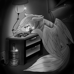 Size: 1550x1550 | Tagged: safe, artist:brainiac, imported from derpibooru, rainbow dash, twilight sparkle, alicorn, pegasus, pony, alcohol, applejack daniel's, bed, bedroom, black and white, crying, electrical outlet, female, floppy ears, glass, grayscale, implied lesbian, implied shipping, implied twidash, lamp, letter, mare, monochrome, outlet, photo, poster, sad, shot glass, solo, twilight sparkle (alicorn), us plug