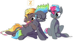 Size: 4579x2593 | Tagged: safe, artist:dilarus, deleted from derpibooru, imported from derpibooru, oc, oc only, oc:bass (dilarus), oc:beat (dilarus), oc:melody (dilarus), earth pony, pegasus, pony, unicorn, absurd resolution, annoyed, ear piercing, earring, eyeshadow, jewelry, lip piercing, makeup, nose piercing, nose ring, piercing, sleeping, trio