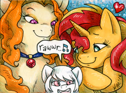 Size: 700x521 | Tagged: safe, artist:kaemantis, imported from derpibooru, adagio dazzle, sunset shimmer, oc, oc:snowshine, pony, adopted offspring, chest fluff, cute, female, lesbian, open mouth, parent:adagio dazzle, parent:sunset shimmer, parents:sunsagio, shipping, signature, sunsagio
