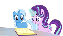 Size: 10516x6132 | Tagged: safe, artist:pink1ejack, imported from derpibooru, starlight glimmer, trixie, pony, celestial advice, absurd resolution, book, magic, open mouth, simple background, table, transparent background, vector