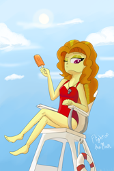 Size: 800x1200 | Tagged: safe, artist:flight-of-the-moon, deleted from derpibooru, imported from derpibooru, adagio dazzle, equestria girls, barefoot, clothes, feet, food, ice cream, lifeguard, looking down, one eye closed, one-piece swimsuit, popsicle, sitting, solo, swimsuit, whistle