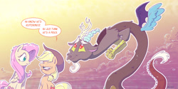 Size: 6000x3000 | Tagged: safe, artist:dilarus, deleted from derpibooru, imported from derpibooru, applejack, discord, fluttershy, earth pony, pegasus, pony, meet-the-pones, absurd resolution, cowboy hat, dialogue, discord being discord, facial hair, fangs, female, funny, funny as hell, goatee, hat, holding hands, mare, smiling, speech bubble, stetson, trio, troll, unamused, upside down, vulgar