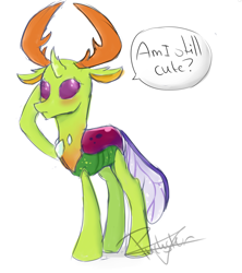 Size: 1612x1812 | Tagged: safe, artist:pucksterv, imported from derpibooru, thorax, changedling, changeling, blushing, cute, dialogue, floppy ears, frown, king thorax, looking away, male, question, shy, signature, simple background, solo, speech bubble, thorabetes, white background